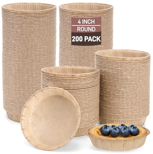 SOUJOY 200 Pcs Paper Mini Tart Pans for Baking, 4 Inch Disposable Pie Tins, Non-stick Pie Pans for Individual Small Quiche, Cakes, Cinnamon Rolls, Desserts, Oven Microwave Air Fryer Safe