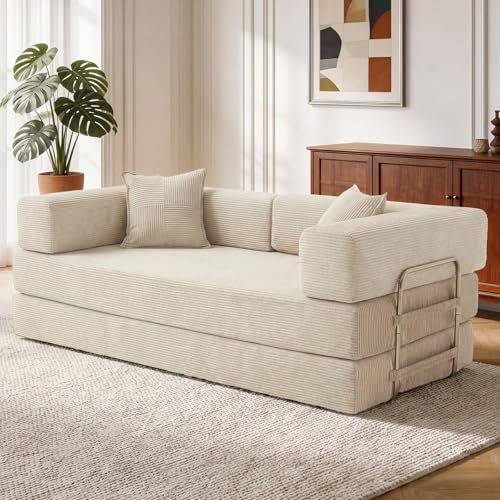200cm Sofá Cama 3 Plazas con Espuma & Muelles para Salón,Blanco | Pana,Modular,Plegable 5 en 1