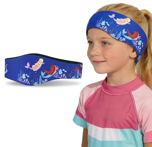 Bandeau Piscine Oreille Enfant, Bandeau de Natation en Néoprène pour Protection Auditive, Ajustable pour Baignade et Sports Nautiques, Motif Sirène Bleu Foncé, 51 x 8 cm