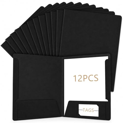 Lot de 12 Chemises Cartonnées A4, Porte Documents A4 en Papier Kraft | Chemise Dossier avec 2 Pochettes et Fente pour Carte de Visite, pour Bureau École Maison (Noir)