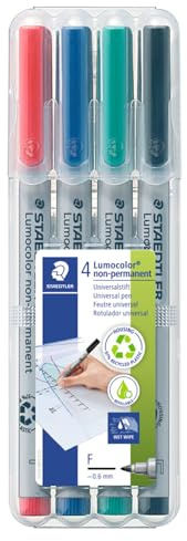 Staedtler Lumograph Non-Permanent Wet Erase Marker Pens, Fine Tip Refillable Colored Markers, 4 Pack, 315 WP4