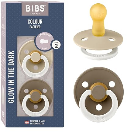 BIBS Colour Glow Soother 2-Pack, Glow in The Dark BPA Free Dummy Pacifier, Round Nipple. Natural Rubber Latex, Size 2 (6-18 Months), Vanilla Night/Dark Oak Night
