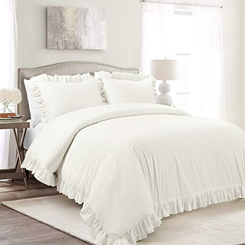 Lush Decor Reyna Ruffle 100% Cotton Duvet Cover Set - 3 Piece Cozy Ruffled Bedding Set - Timeless Elegance and Comfort - Full/Queen, White