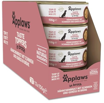Applaws Lot de 12 boîtes de Nourriture Humide 100% Naturelle pour Chien, Poitrine de Poulet avec Jambon et légumes en Bouillon, 156 g