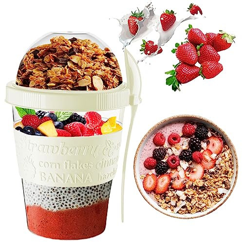 VL Yogurt Pots Spoon Reusable 600ML Overnight Oats Container Muesli Cup with Lid BPA free Breakfast GO Cereal On Go Dishwasher Safe Snack Lunch Oatmeal Jars Travel Meal Food Container (Cream)