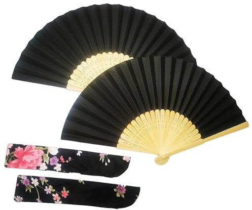 Set 2 Ventagli Pieghevoli in bambù e Carta con Custodia Floreale – Elegante, Portatile, Fresco per Estate, Viaggi, Matrimoni – Accessorio Donna da Borsa, Colori Assortiti (Nero)