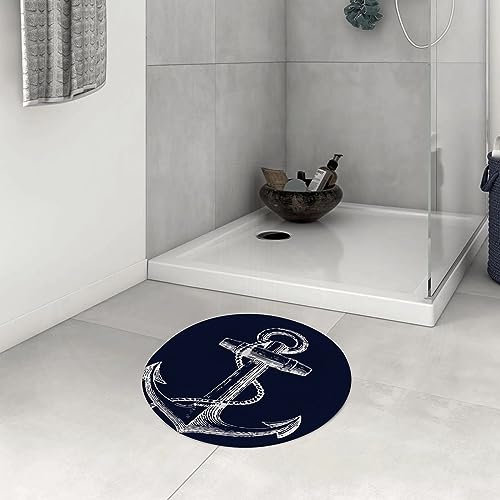 DHAEY Badezimmerteppich rutschfest Weißer nautischer Anker Atmungsaktives Marineblau Waschbar Teppich rund Weich Flauschig Badteppich Weich Kurzflor Mikrofaser Badvorleger 60 cm
