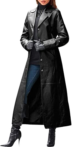 HaicoM Cappotto lungo in PU per le donne giacche a vento da donna in finta pelle trench coat wmens lunghezza alla caviglia moda cappotto con bottoni a tinta unita cappotto a tunica risvolto sottile