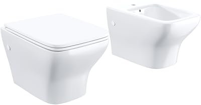 Sanitari in Ceramica Sospesi Vaso Bidet Rimless Bianco Lucido Sedile Soft-close Chiusura Rallentata Mod. Havana
