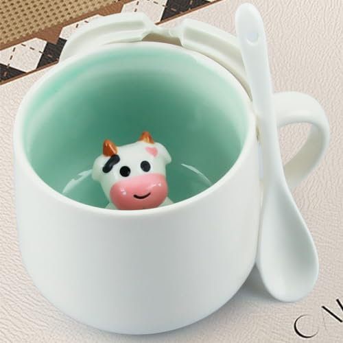 Süß Kuh Kaffeebecher, Tasse aus Keramik mit 3D Tier, Lustige 3D Tier Tasse mit Löffel & Untersetzer, Morgen-Schale für Tee,Milch,Morgengetränk und Hochzeiten,Geburtstage Weihnachtsbecher Geschenk(A)