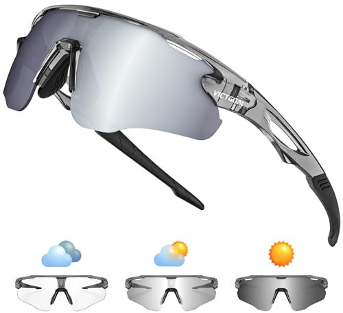 Victgoal Fahrradbrille Herren Selbsttönend Sport Sonnenbrille UV400 Schutz TR90 Rahmen Fahrradbrille Damen für Radfahren Laufen Angeln Sportbrille (Grau)