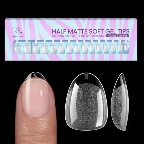 BTArtbox Extra Kurze Mandel Nagelspitzen – Full Cover Gel X Nail Tips XS Weiche Nagelspitzen für Gelnägel -Pre-Shaped Halbmatt für Breite Nagelbetten Salon 320 Stück