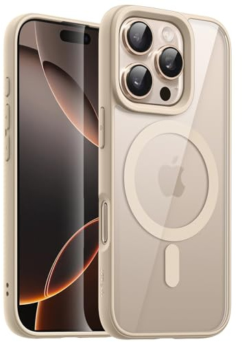 JETech Magnetisch Hülle für iPhone 16 Pro Max 6,9 Zoll Kompatibel mit MagSafe, Stoßfest Stoßfänger Handyhülle, Solid Farbe Matte TPU Rahmen, Anti-Kratzer Transparent Rückseite (Titan Wüstensand)