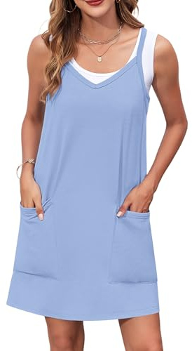 WNEEDU Femme Robe d'été Mini-Robe sans Bretelles Spaghetti Robes de Plage avec Poches Col V Sport Décontractée Robe de Tennis de Vacances