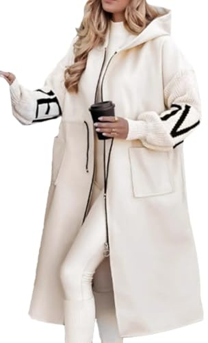 shownicer Manteau d'hiver à Capuche Femme Veste Patchwork à Manches en Tricot Mode Chaud Couleur Unie Manteau Mi-Long Léger Ample Outerwear A Blanc M