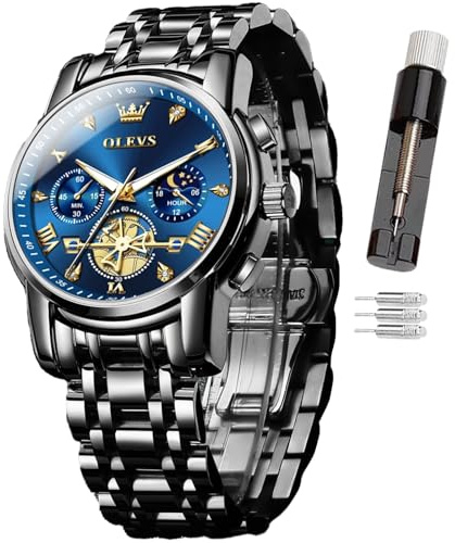 OLEVS Montre pour Homme avec Code horaire et Bracelet en Acier Inoxydable - Étanche - Multifonctionnelle - À Quartz - Montre Ronde de Luxe pour Homme