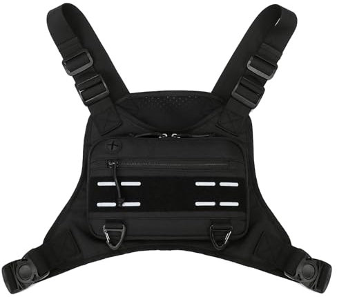 Explokit Taktische Sport-Brusttasche für Männer zum Gehen Laufen Angeln Radfahren Wandern Molle-Laufweste mit Kopfhöreranschluss & Verstellbaren Gurten (#01-Schwarz)