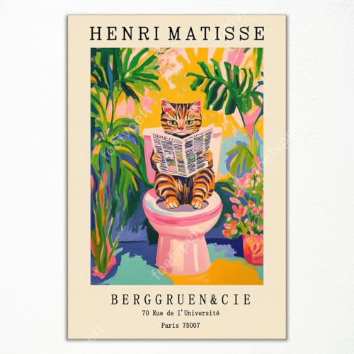 Henri Matisse canvasbild, rolig djur-badrum-affisch, söt baksmälla på toaletten, tryck rosa dopamin badrum väggdekoration, tropiska växter och djur bild 30 x 40 cm oinramad