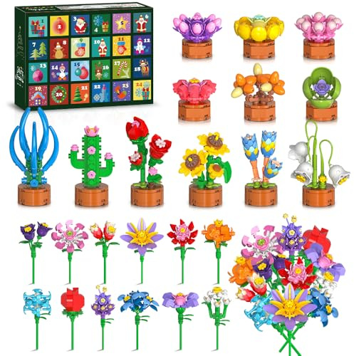 HOGOKIDS Calendario Avvento 2025 Fiori 3.6 Mini Set di Costruzioni – Conto alla Rovescia 24 Giorni, Blocchi da Costruzione Succulente 827PCS, Regali di Natale per Bambini Ragazze Ragazzi 6+