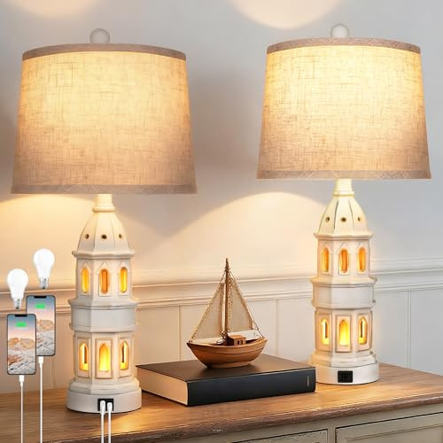 PARTPHONER Juego de 2 lámparas de mesa costeras, lámparas de playa para sala de estar con USB A+C, lámparas náuticas, mesita de noche moderna para dormitorio, mesa auxiliar y lectura