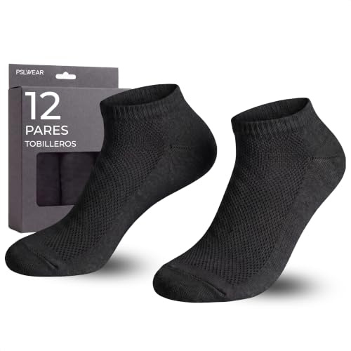 PSL WEAR 12 Pares | Calcetines Tobilleros Hombre Negros| Algodón Ligero y Transpirable | Calcetines Cortos Hombre para Deporte, Running, Yoga y Verano