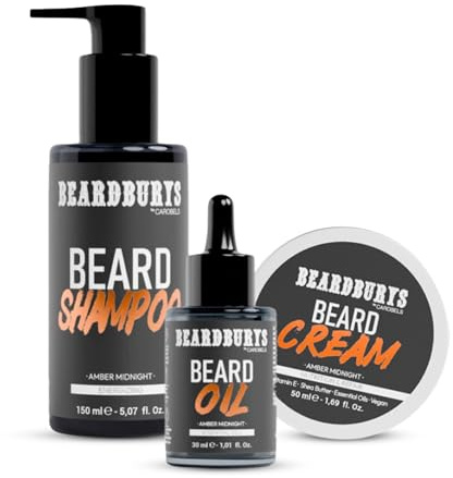 Beardburys Kit per la cura della barba da uomo: shampoo, olio e crema per la barba, set idratante e nutriente con fragranza Amber Midnight. Idea regalo per uomo.