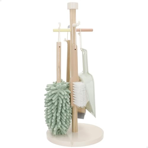 WOOMAX Set de Limpieza de Madera, con mopa, Cepillo, Limpiacristales, Recogedor y Soporte, Juguete Educativo, Madera sostenible FSC, Diseño Realista, Juego simbólico imitación, Niños +3 años (39248)