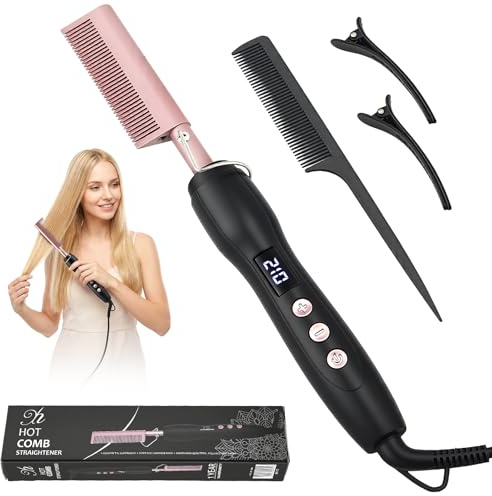 Hot Comb with LCD Display & 4 Temp Settings 150-210°C | Ionic Ceramic Hair Straightener Brush for Wigs, Afro & Beard | 10s Fast Heat & 60 Min Auto Shut-Off