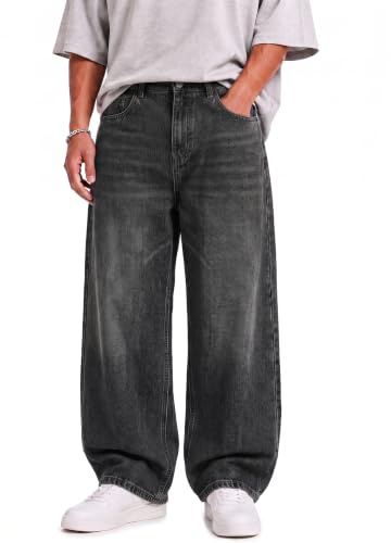 Husmeu Men's Hip Pop Baggy Jeans Wide Leg Y2K Streetwear Denim Pants BLK M