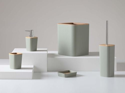 Set Accessori Bagno 5 Pezzi in Plastica e Bambù, Verde, Moderno, Include Dispenser Sapone, Portascopino e Pattumiera 5L