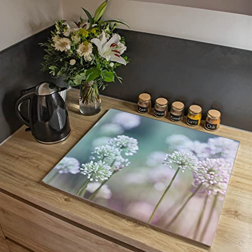 banjado® Herdabdeckplatte Glas 1-teilig 60x52 cm/Schneidebrett Herdabdeckung mit Motiv Lauchblüte/Herdabdeckplatten Ceranfeld 1teilig / Schneidebrett Glas individuell einsetzbar