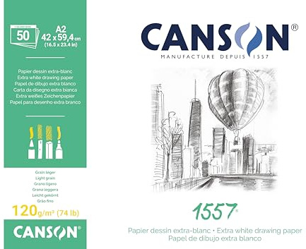 Canson 204127410 1557 Zeichen-und Skizzenpapier, A2, rein weiß