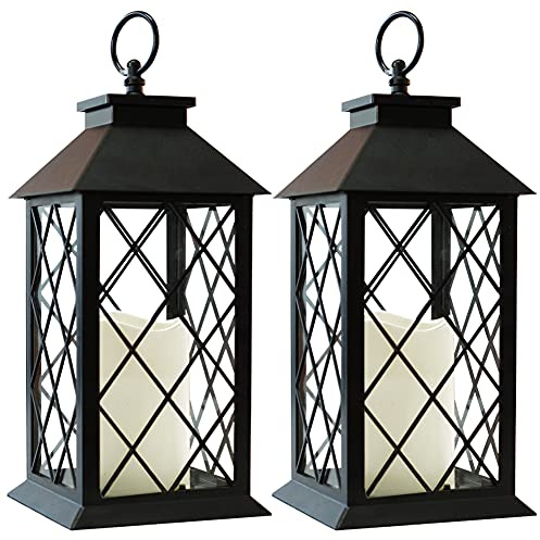 Bright Zeal 2-Pack 13.5 Vintage Candle Lantern with LED Pillar Candle (Black, 6hr Timer) - IP44 Waterproof Battery Powered Decorative Light - Outdoor Patio Hanging Lantern Decorative Tabletop Light