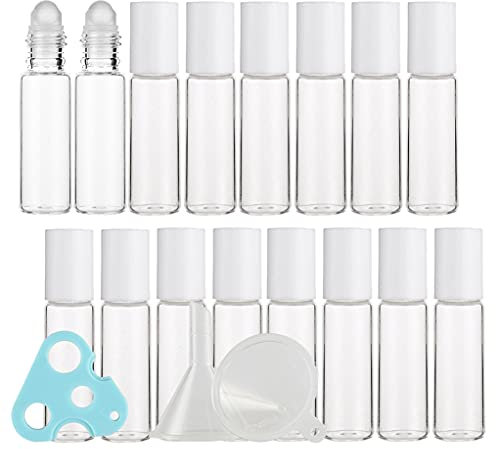 ZEOABSY 48 Stücke 5ml Transparent Ätherische Öle Roller Flaschen Mit Weiß Schraubverschluss Glasflaschen Parfümflasche Reiseflaschen für Aromatherapie Fläschchen + 2 x Trichter, 1 x Öffner