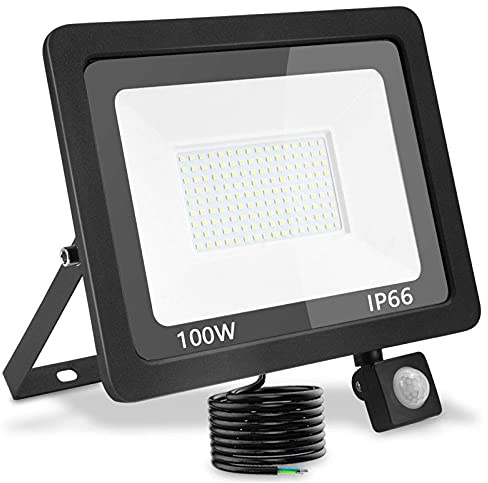 treoir LED-utomhusstrålkastare med rörelsedetektor, 100 W, 10 000 lm, varm vit, 3500 K, IP66, vattentät, LED-spot för trädgård, garage, gård