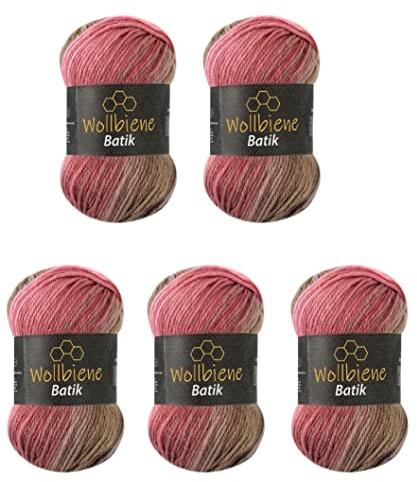 Wollbiene Batik 5 ovillos de 100 g, 500 gramos, lana con degradado multicolor, multicolor (5050 marrón, baya, rosa)