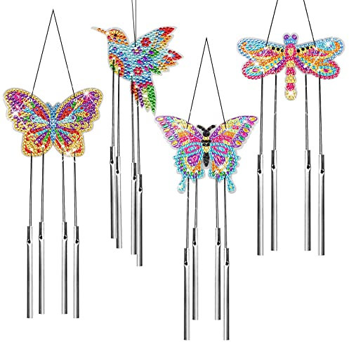 WEDNOK 4tlg Schmetterling Windspiel Bastelset Kinder Basteln Butterfly Bastelhandwerk Kreativsets Schmetterlinge Diamond Painting Klangspiele für Frühling Deko Kindergeburtstag Mädchen Junge