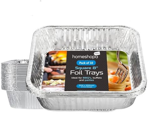 Homeshopa Aluminium Foil Trays, 8 Inch 10 Pack Square Disposable Tin Foil Containers, Best for Meal Prep, Baking, Broiling, Roasting, Freezing & Food Storage Takeaway Tins, Oven Freezer Safe
