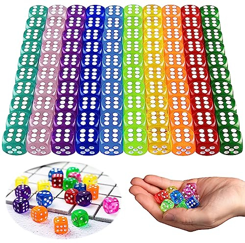 100 stycken tärningar i 10 färger, speltärningar med 14 mm akryl, 6 sidor runda hörntärningar, genomskinlig tärningssats för Tenzi, Farkle, Yahtzee, Bunco eller matematikundervisning
