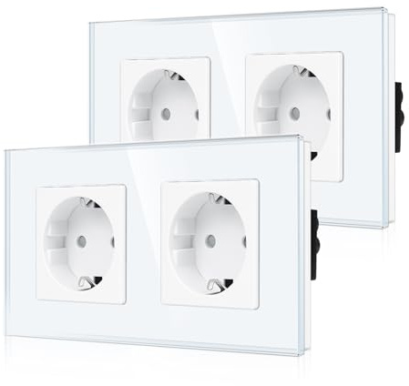 Paquete de 2 CNBINGO Enchufes de doble vidrio empotrables en blanco - Enchufe doble Schuko con protección para niños - Enchufe de pared de 16 A con protección de contacto y marco de vidrio