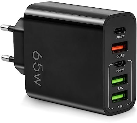 AXFEE 65W Multi USB C Ladegerät, 5 Ports Mehrfach Ladegerät mit USB-C und USB-A, 65W Schnellladegerät PD 3.0 Power Adapter USB Netzteil