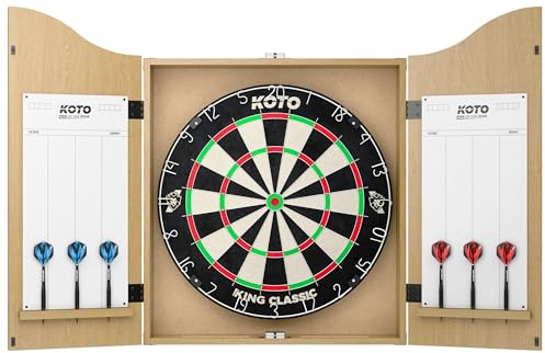KOTO - Centre de Fléchettes Chêne, Ensemble Complet avec Armoire, Cible de Fléchettes, Deux Jeux de Fléchettes et Ligne de Lancer