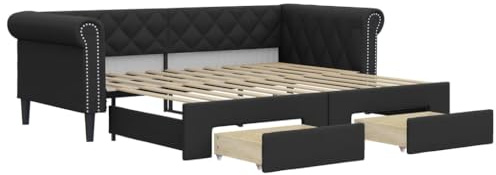 vidaXL Sofá Cama Nido con Cajones, Diván Extensible, Cama Extraíble de Invitados, Sofá Cama para Salón Dormitorio, Cuero Sintético Negro 90x200 cm