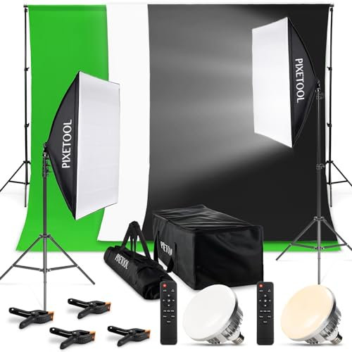 PIXETOOL Juego de Estudio fotográfico con Soporte (3 m x 3 m), Juego de iluminación con lámparas, Pantallas para Retratos de Productos, vídeo, fotografía, Pantalla Verde, Sistema de Fondo fotográfico