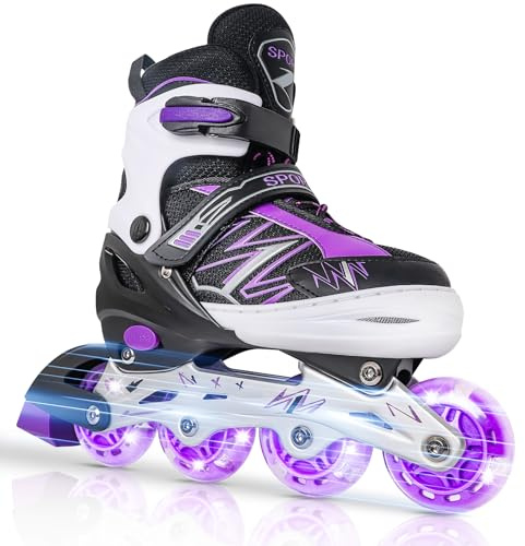 LEJIJIT Adjustable Kids Inline Skates for Girls Boys Children Beginners, Black & Purple Inline Skates with Light Up Wheels for Kids and Youth for Indoor Outdoor Sports (Medium)