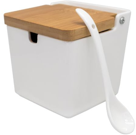 NERTHUS FIH 1335 Saliera di Porcellana Quadrata Extralarge con Coperchio in Legno e Cucchiaio, Eleganza e Funzionalità in Cucina