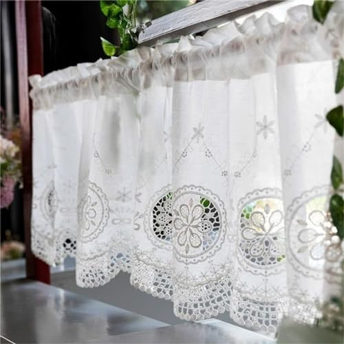 Vordesack Rideau brise-bise avec broderie en coton fleurie et bordure en dentelle style maison de campagne avec tringle 1 pièce Blanc HxL 50 x 90 cm