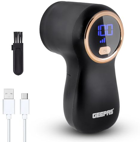 GEEPAS Fabric Shaver with Digital Display | Rechargeable Lint Remover for Clothes Wool Cotton Upholstery | 9W Portable De-Bobbler SS Blade Mesh | 2Hr Run Time Auto Shut-Off | 2 Yr Warranty Black