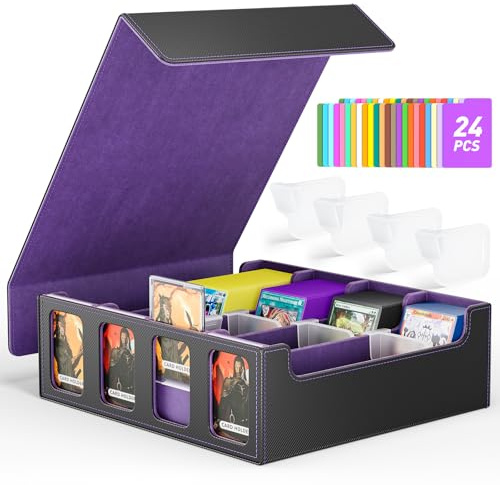 Jofuni Yugioh MTG Deck Box, Quartuple Trading Card Storage Box Holds 2400+ Cards for Yugioh, TCG, Magic the Gathering, Commander Cards, Playing Card Case PU Leather Magnetic Closure, Purple