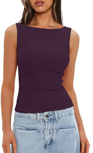 Mis Pedidos Realizados, Crop Top Mujer Y2k Algodón Estampada Camisetas sin Mangas Mujer Elegantes Cuello Redondo T Shirts Camiseta Basica Blusas Mujer Slim Fit Top Morado Oscuro S